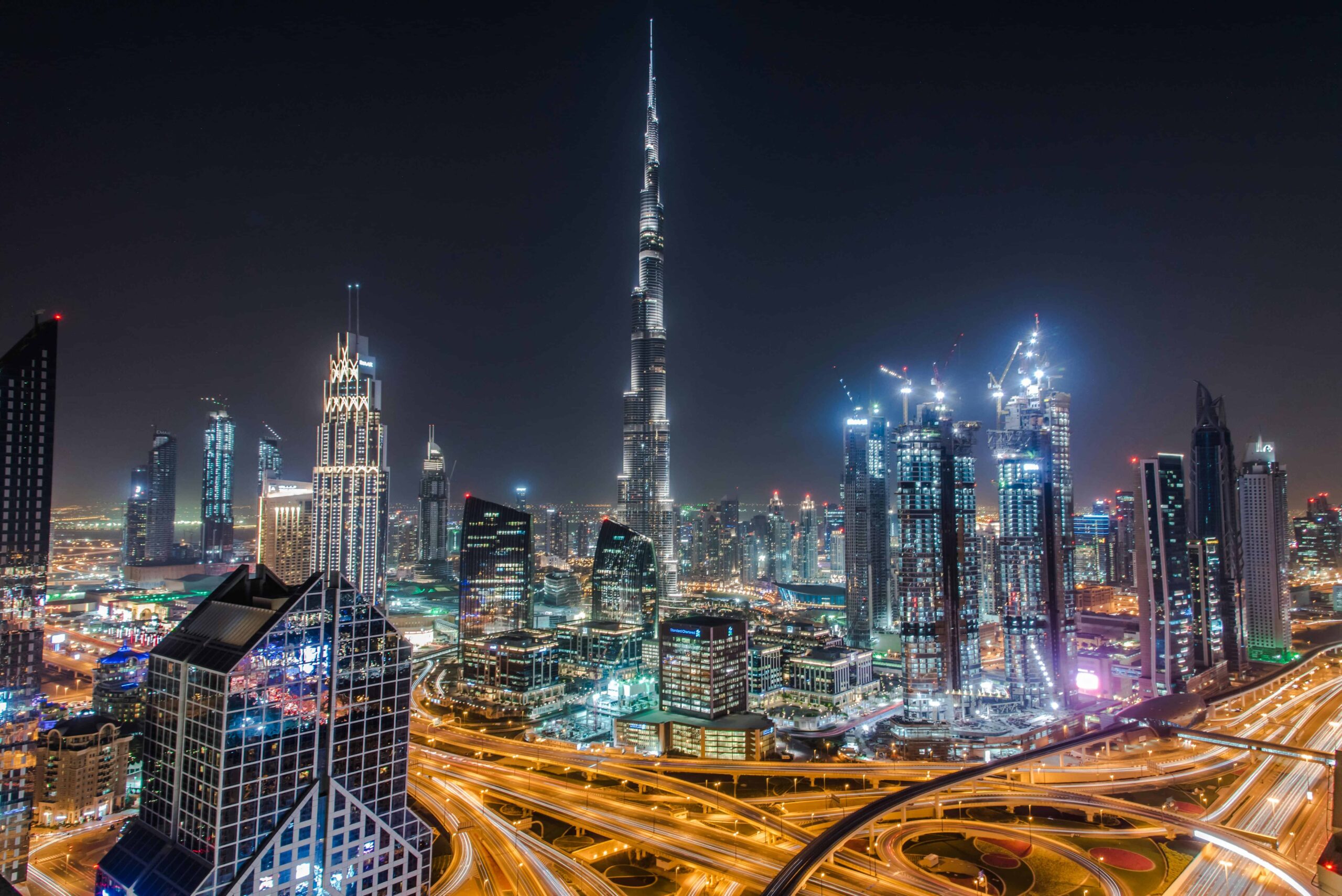 Dubai skyline with Burj Khalifa at night