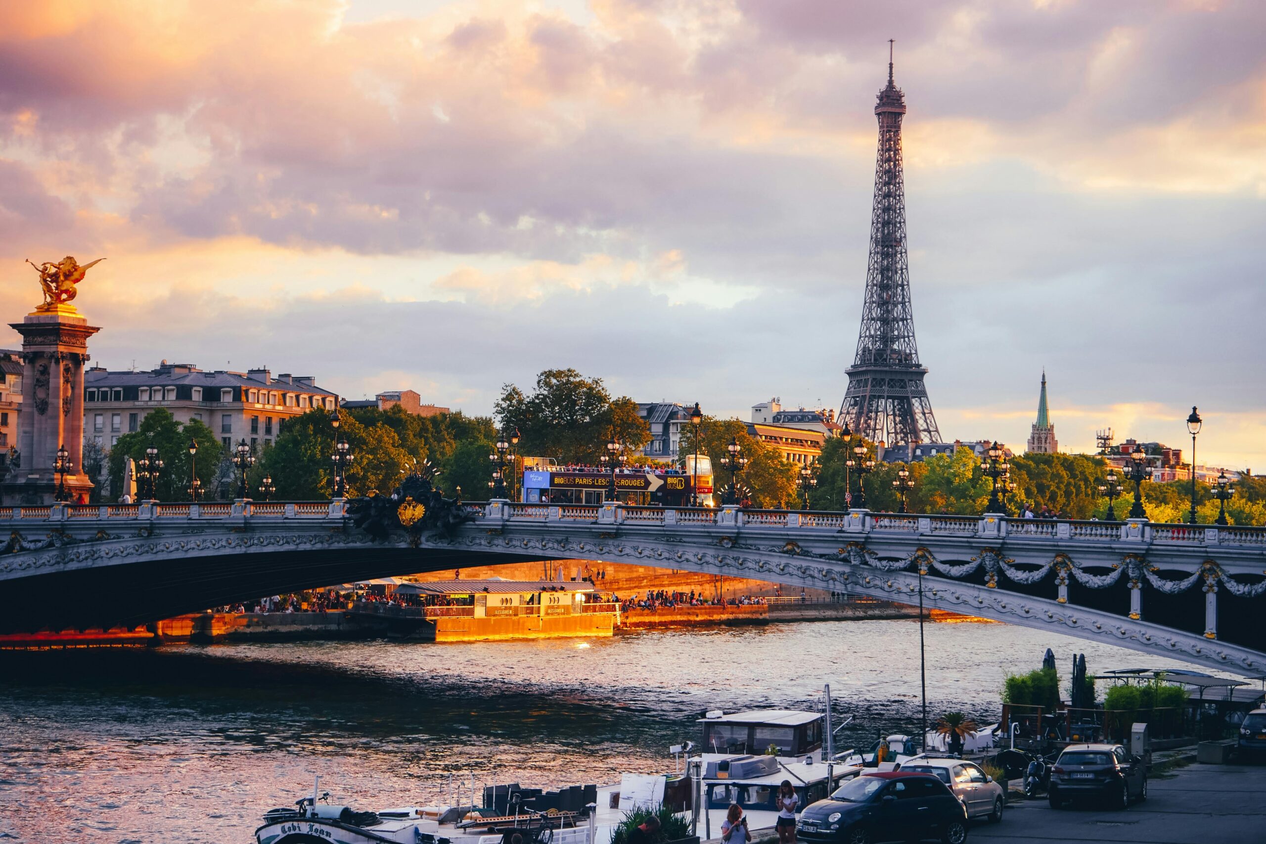 Paris skyline with Eiffel Tower at sunset