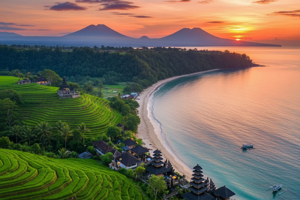 Beautiful Bali landscape showing tropical beach, rice fields, and mountains at sunset